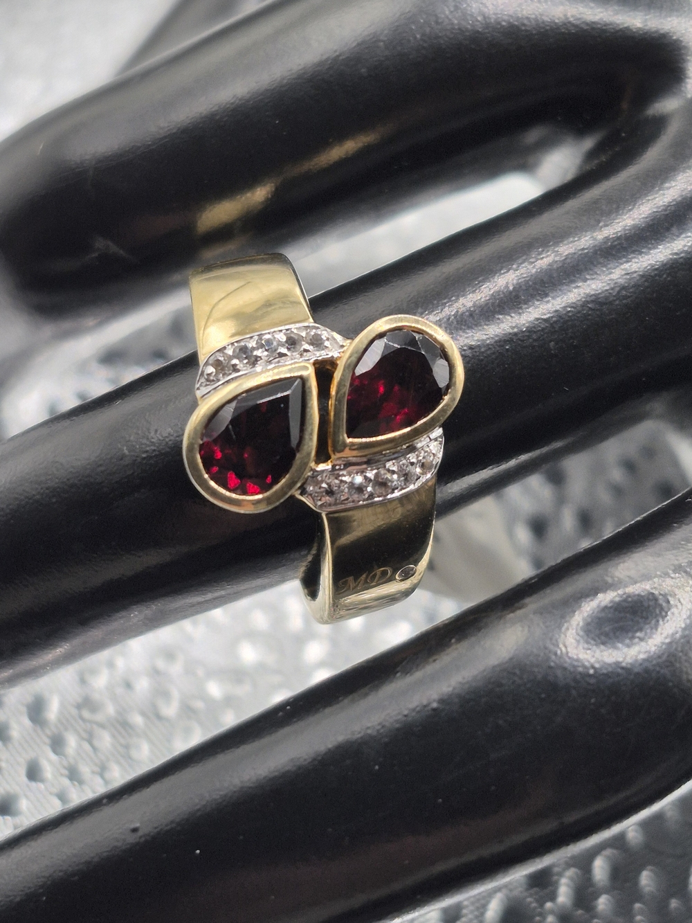 Genuine Garnet Bypass Ring Wuth Diamond Accents On Either Side
